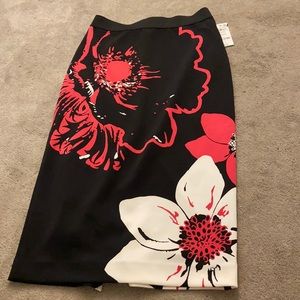 Calf length floral black white pink pencil skirt